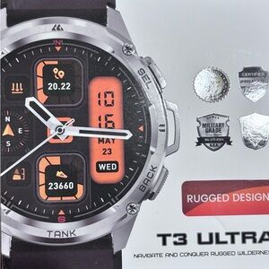 T3 Ultra Rugged Smartwatch - Black and Silver with Orange Highlights